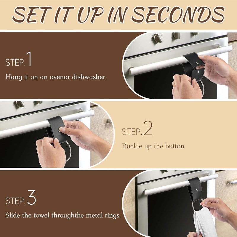 MISAKTEAM 8 PCS Leather & Metal Towel Ring Holder for Kitchen Dish Towels Holder with Loop Oven Door Hanger Gifts for Farmhouse Home Decor(Black) - Image 5